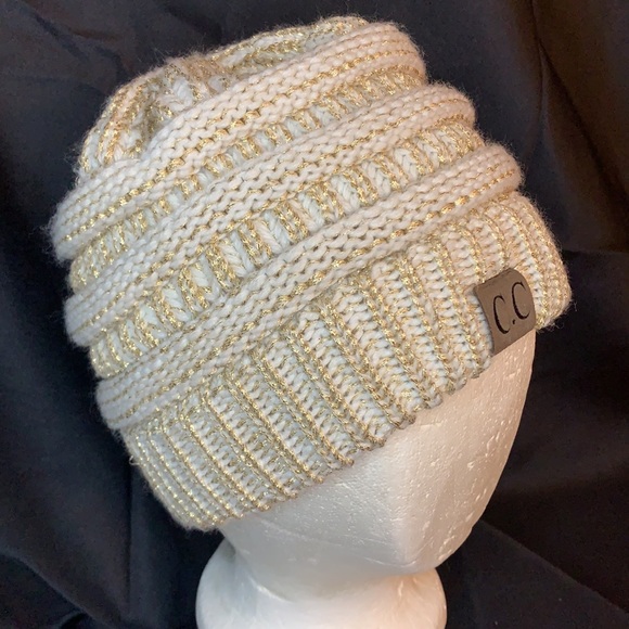 C.C. Womens beanie / Skully ivory and gold metallic cable knit hat - Picture 3 of 8
